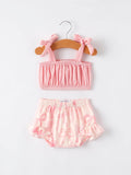Spring Summer Pink Pleated Suspender Vest And Floral Bloomers Set