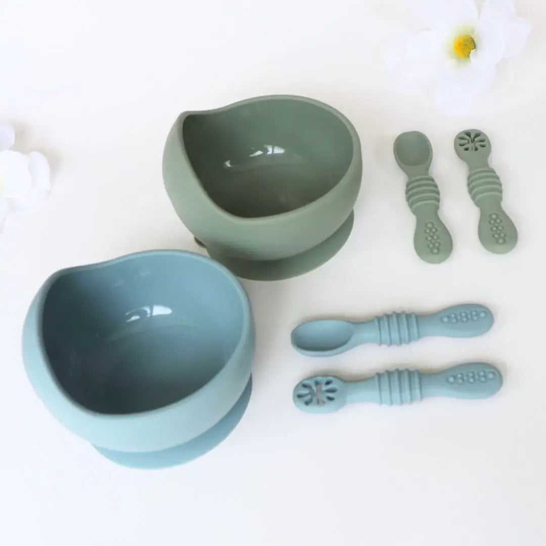 Suction Bowl & Training Spoons - Dusty Teal