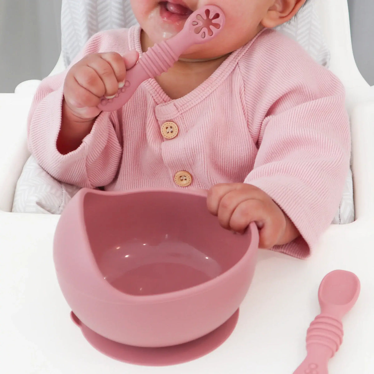 Suction Bowl & Training Spoons - Dusty Rose