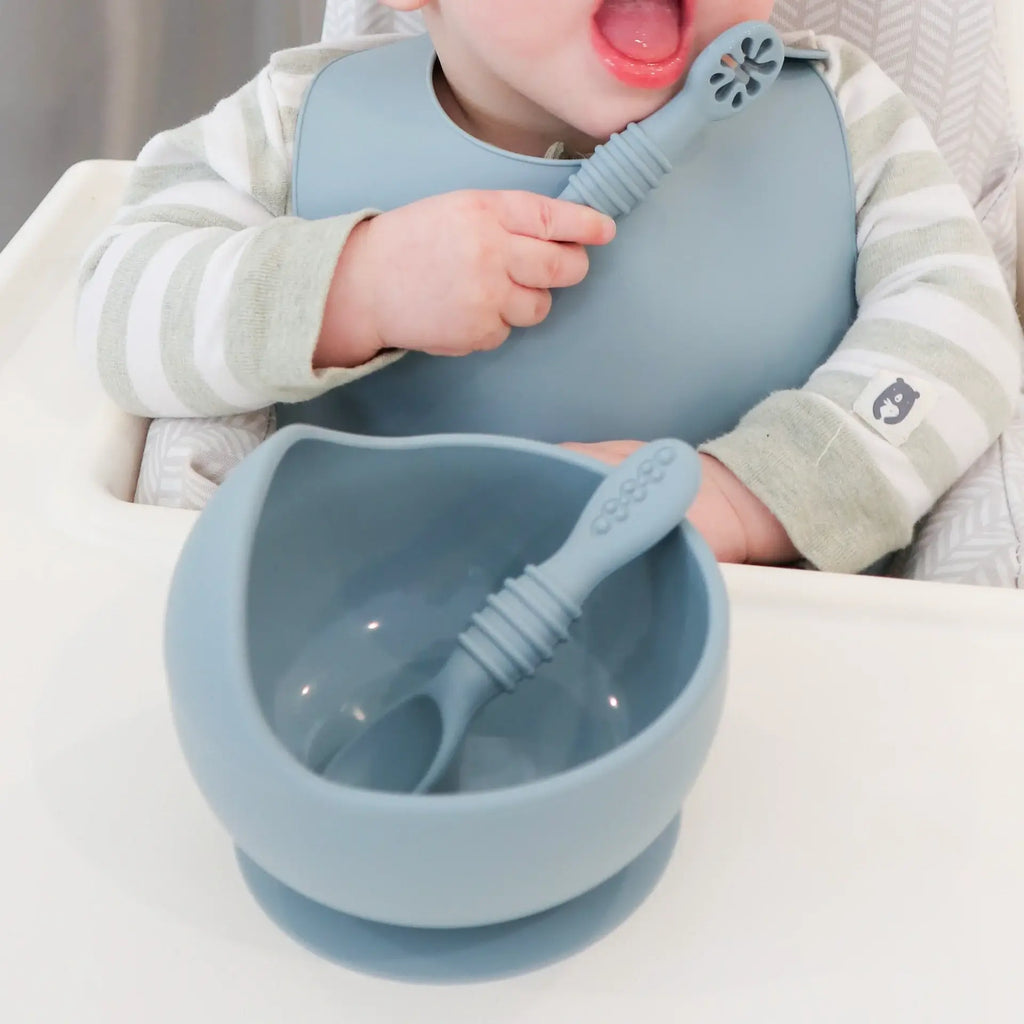Suction Bowl & Training Spoons - Dusty Teal